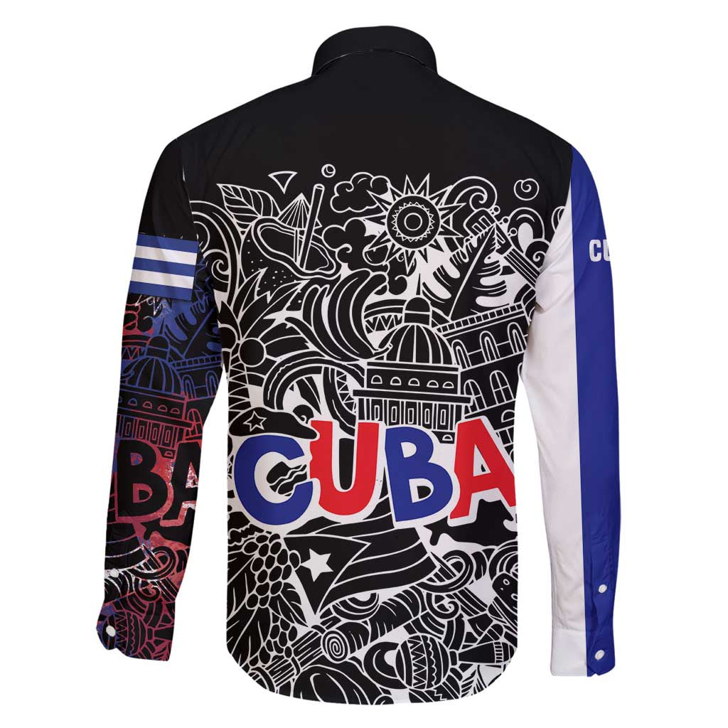 Cuba Flag Family Matching Off Shoulder Short Dress and Hawaiian Shirt Black with Red White Blue Patriotic Graphics and Cultural Doodle Design - Wonder Print Shop