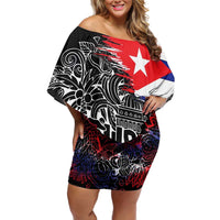 Cuba Flag Family Matching Off Shoulder Short Dress and Hawaiian Shirt Black with Red White Blue Patriotic Graphics and Cultural Doodle Design - Wonder Print Shop