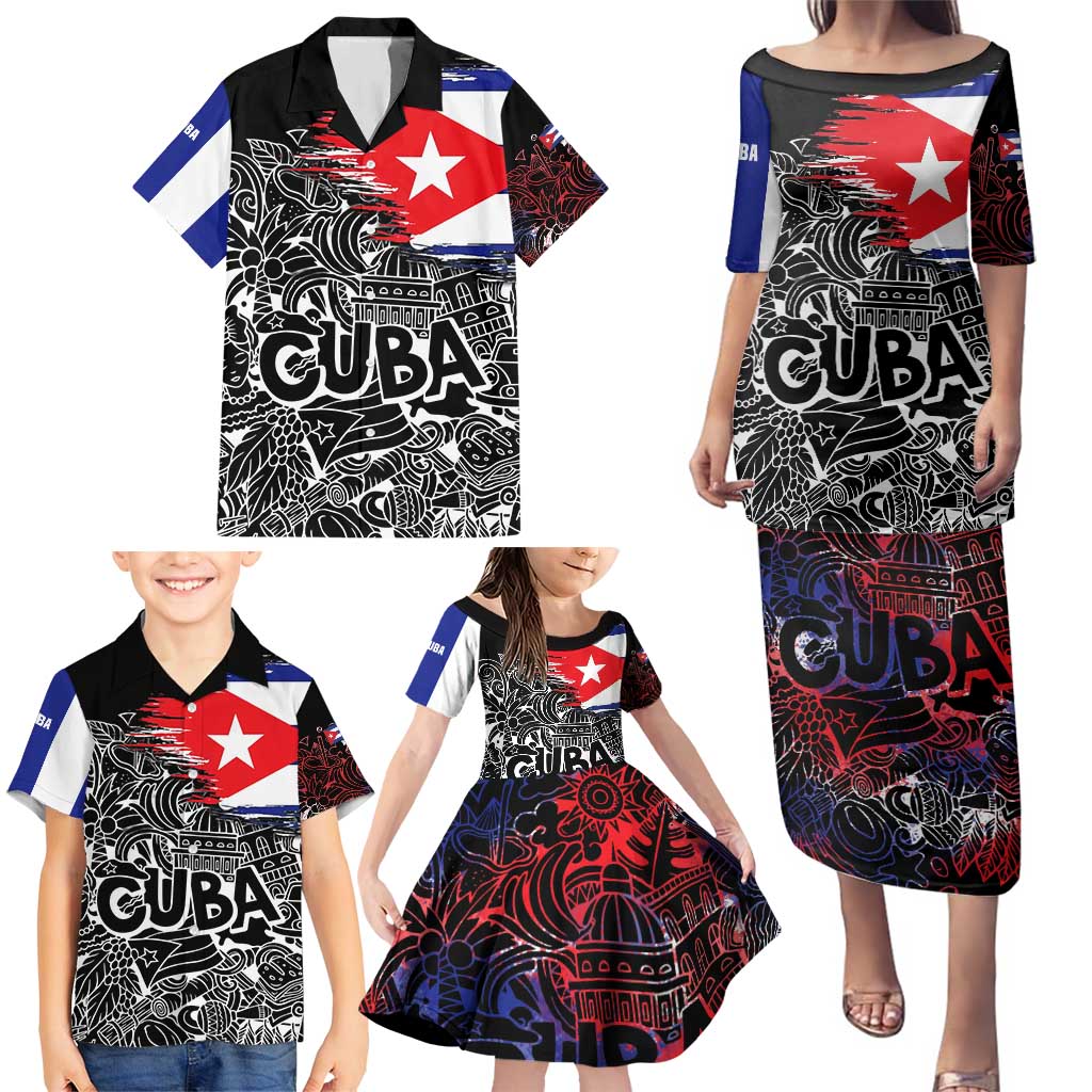 Cuba Flag Family Matching Puletasi and Hawaiian Shirt Black with Red White Blue Patriotic Graphics and Cultural Doodle Design - Wonder Print Shop