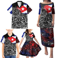 Cuba Flag Family Matching Puletasi and Hawaiian Shirt Black with Red White Blue Patriotic Graphics and Cultural Doodle Design - Wonder Print Shop