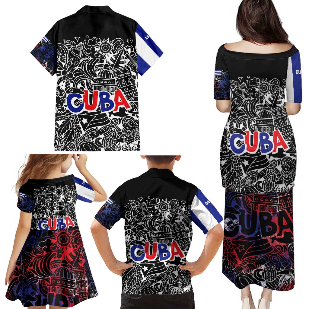 Cuba Flag Family Matching Puletasi and Hawaiian Shirt Black with Red White Blue Patriotic Graphics and Cultural Doodle Design - Wonder Print Shop