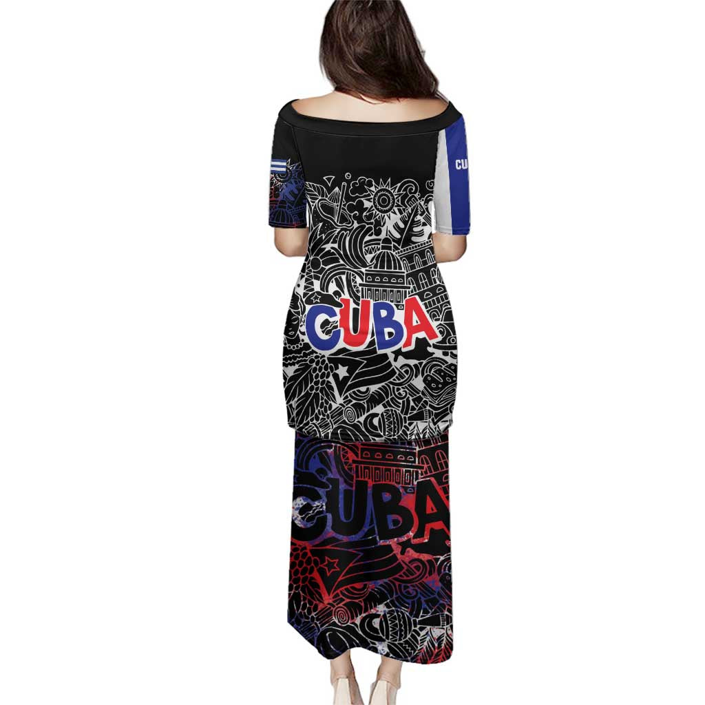 Cuba Flag Family Matching Puletasi and Hawaiian Shirt Black with Red White Blue Patriotic Graphics and Cultural Doodle Design - Wonder Print Shop