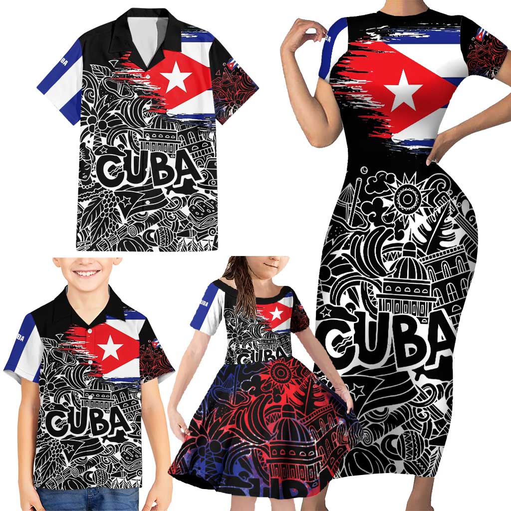 Cuba Flag Family Matching Short Sleeve Bodycon Dress and Hawaiian Shirt Black with Red White Blue Patriotic Graphics and Cultural Doodle Design - Wonder Print Shop