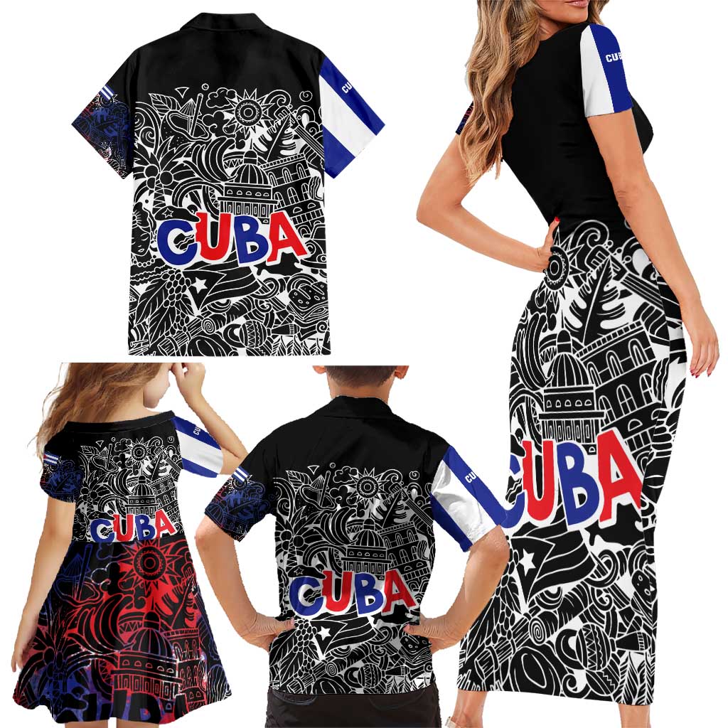 Cuba Flag Family Matching Short Sleeve Bodycon Dress and Hawaiian Shirt Black with Red White Blue Patriotic Graphics and Cultural Doodle Design - Wonder Print Shop