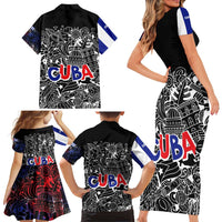 Cuba Flag Family Matching Short Sleeve Bodycon Dress and Hawaiian Shirt Black with Red White Blue Patriotic Graphics and Cultural Doodle Design - Wonder Print Shop