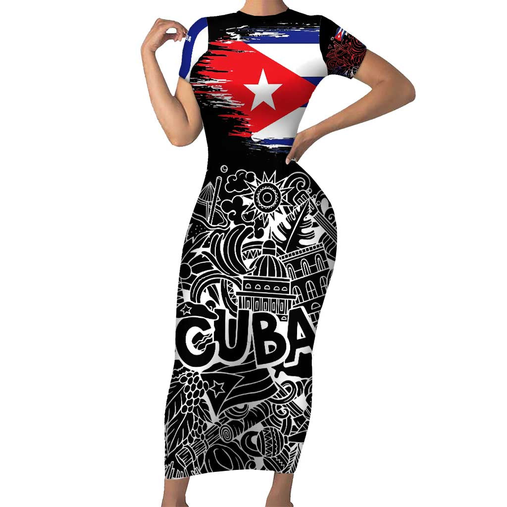 Cuba Flag Family Matching Short Sleeve Bodycon Dress and Hawaiian Shirt Black with Red White Blue Patriotic Graphics and Cultural Doodle Design - Wonder Print Shop