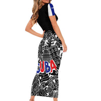 Cuba Flag Family Matching Short Sleeve Bodycon Dress and Hawaiian Shirt Black with Red White Blue Patriotic Graphics and Cultural Doodle Design - Wonder Print Shop
