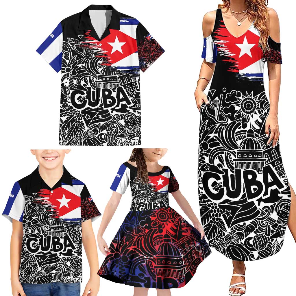 Cuba Flag Family Matching Summer Maxi Dress and Hawaiian Shirt Black with Red White Blue Patriotic Graphics and Cultural Doodle Design - Wonder Print Shop