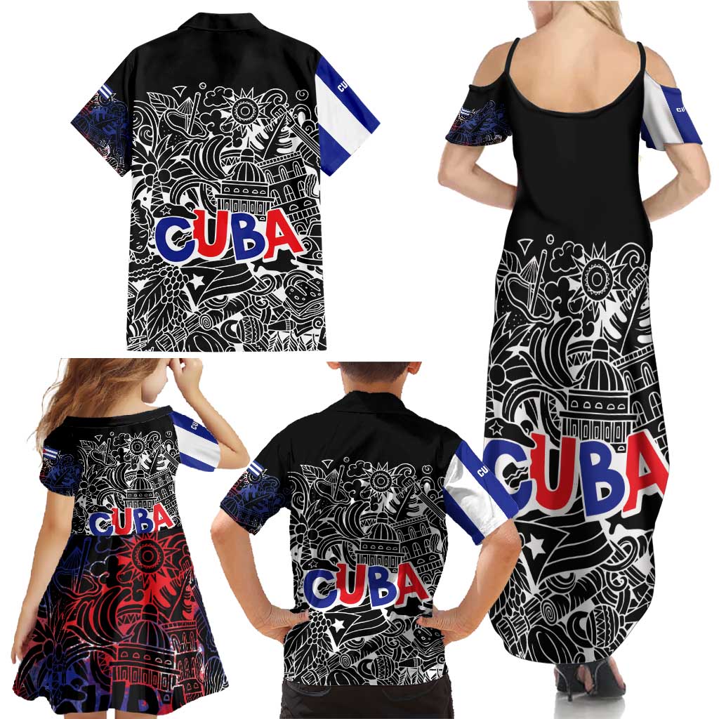 Cuba Flag Family Matching Summer Maxi Dress and Hawaiian Shirt Black with Red White Blue Patriotic Graphics and Cultural Doodle Design - Wonder Print Shop