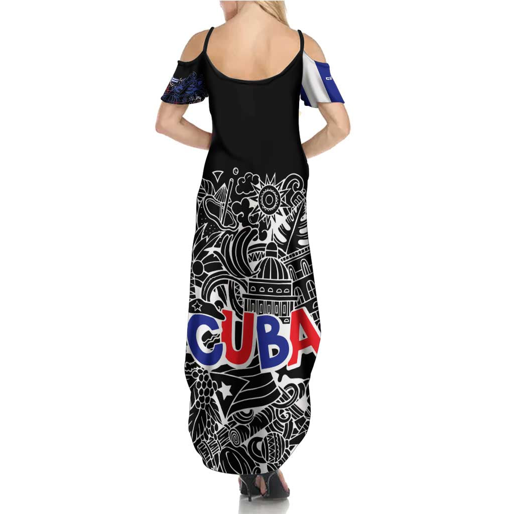 Cuba Flag Family Matching Summer Maxi Dress and Hawaiian Shirt Black with Red White Blue Patriotic Graphics and Cultural Doodle Design - Wonder Print Shop