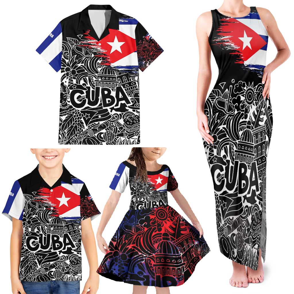 Cuba Flag Family Matching Tank Maxi Dress and Hawaiian Shirt Black with Red White Blue Patriotic Graphics and Cultural Doodle Design - Wonder Print Shop