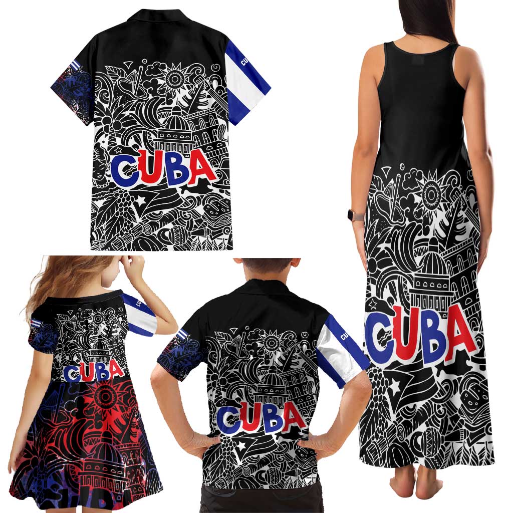 Cuba Flag Family Matching Tank Maxi Dress and Hawaiian Shirt Black with Red White Blue Patriotic Graphics and Cultural Doodle Design - Wonder Print Shop