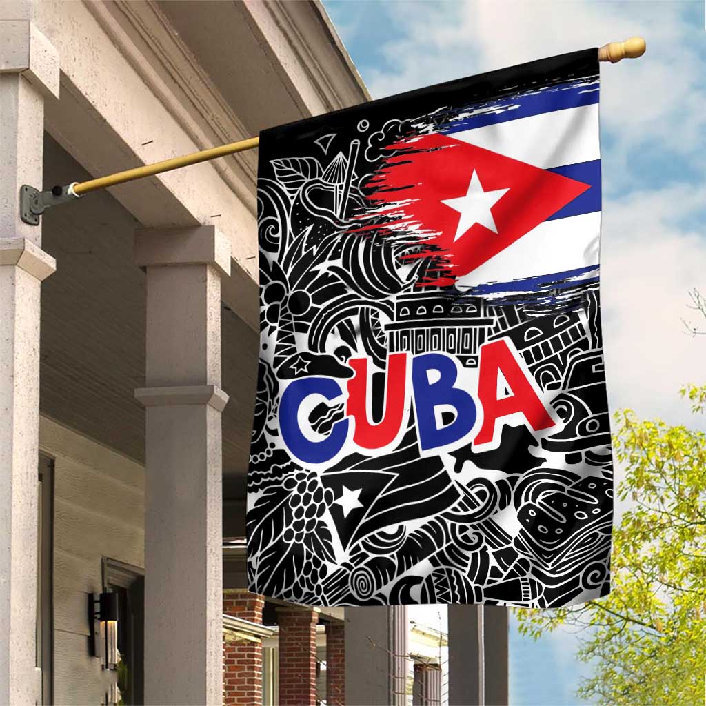 Cuba Flag Garden Flag Black with Red White Blue Patriotic Graphics and Cultural Doodle Design - Wonder Print Shop