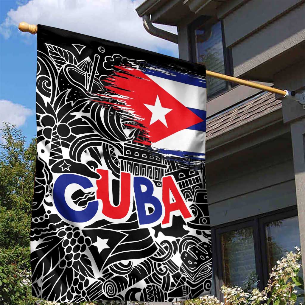 Cuba Flag Garden Flag Black with Red White Blue Patriotic Graphics and Cultural Doodle Design - Wonder Print Shop
