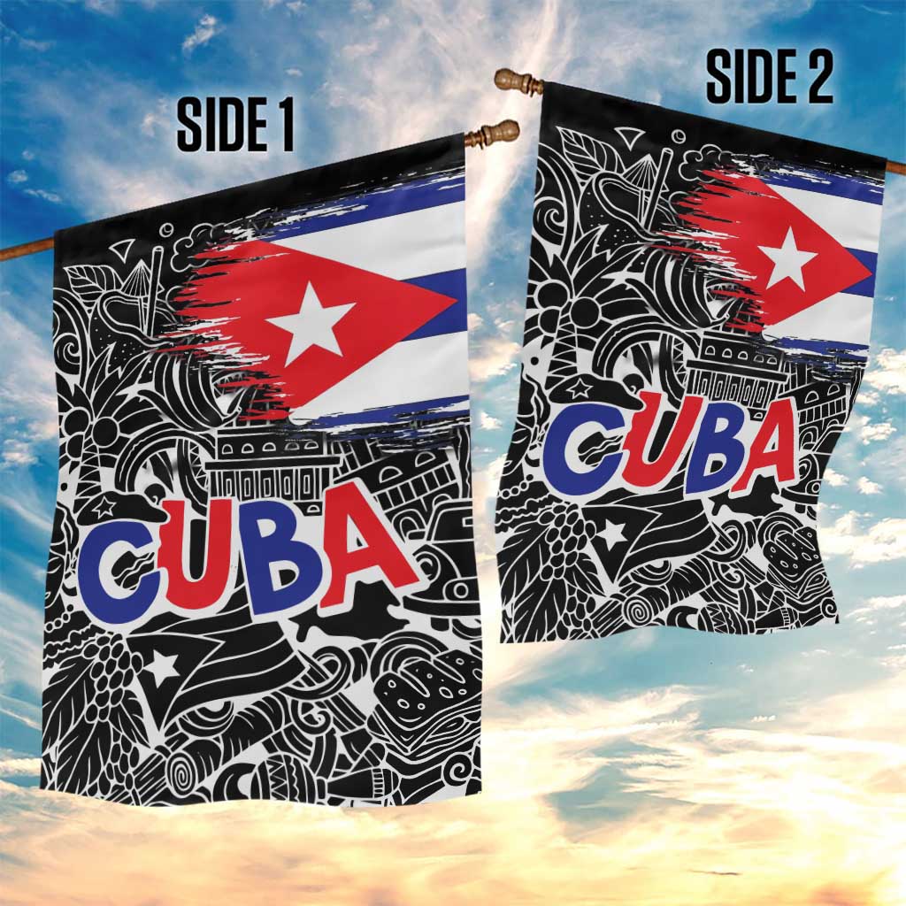 Cuba Flag Garden Flag Black with Red White Blue Patriotic Graphics and Cultural Doodle Design - Wonder Print Shop