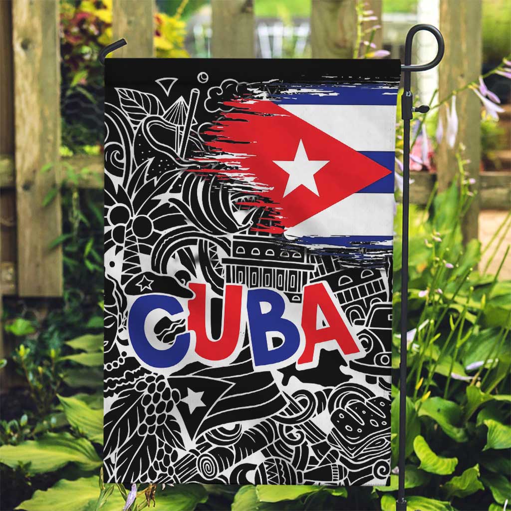 Cuba Flag Garden Flag Black with Red White Blue Patriotic Graphics and Cultural Doodle Design - Wonder Print Shop