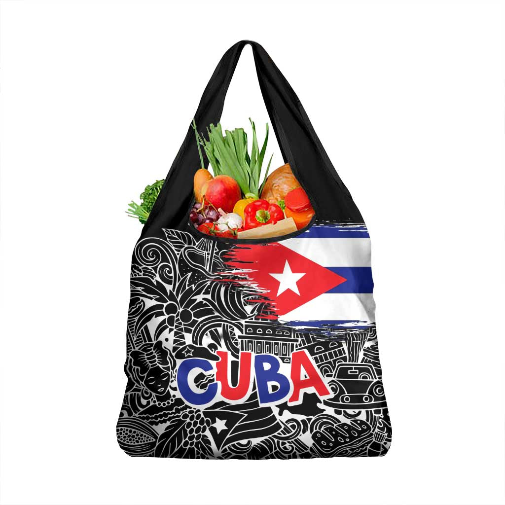 Cuba Flag Grocery Bag Black with Red White Blue Patriotic Graphics and Cultural Doodle Design - Wonder Print Shop