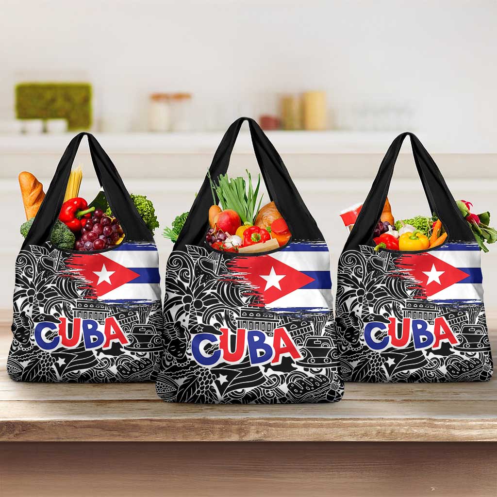 Cuba Flag Grocery Bag Black with Red White Blue Patriotic Graphics and Cultural Doodle Design - Wonder Print Shop