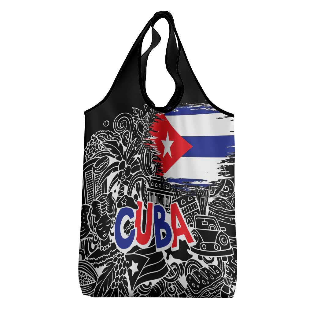 Cuba Flag Grocery Bag Black with Red White Blue Patriotic Graphics and Cultural Doodle Design - Wonder Print Shop