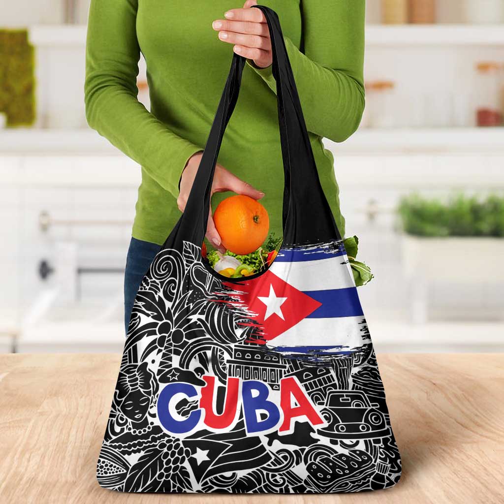 Cuba Flag Grocery Bag Black with Red White Blue Patriotic Graphics and Cultural Doodle Design - Wonder Print Shop