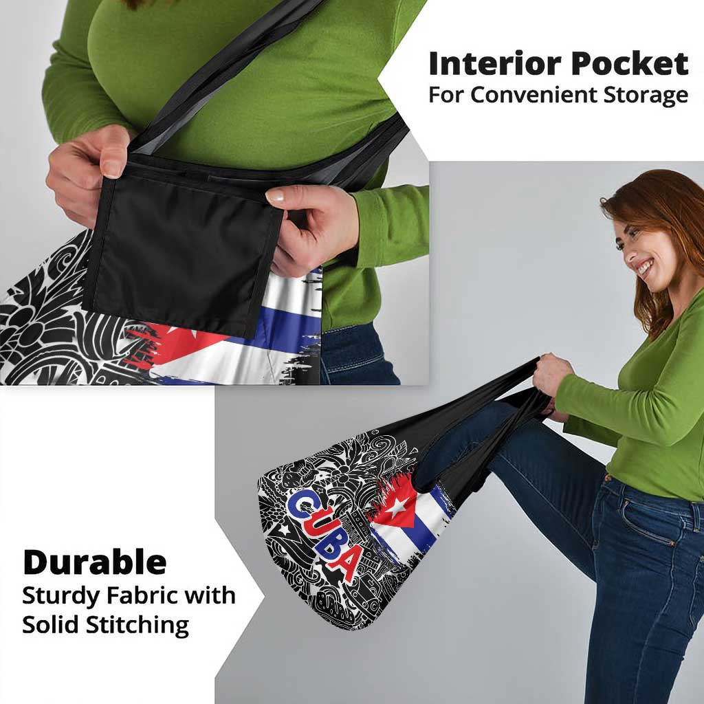 Cuba Flag Grocery Bag Black with Red White Blue Patriotic Graphics and Cultural Doodle Design - Wonder Print Shop