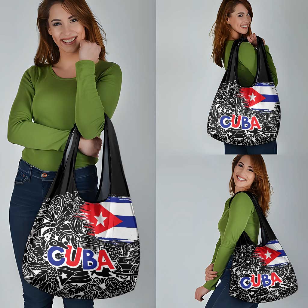 Cuba Flag Grocery Bag Black with Red White Blue Patriotic Graphics and Cultural Doodle Design - Wonder Print Shop