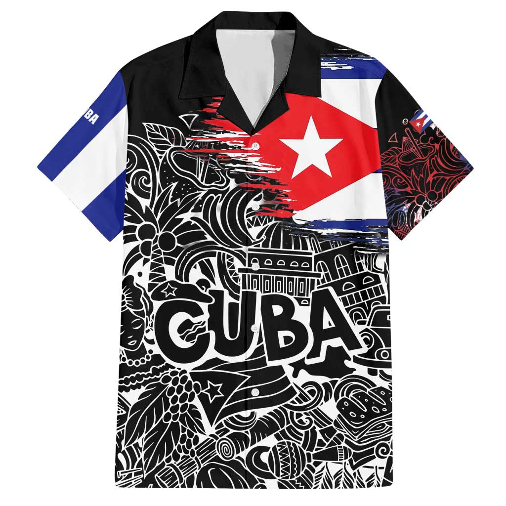 Cuba Flag Hawaiian Shirt Black with Red White Blue Patriotic Graphics and Cultural Doodle Design - Wonder Print Shop