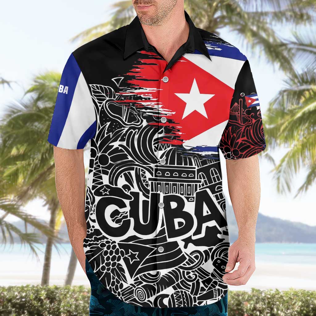 Cuba Flag Hawaiian Shirt Black with Red White Blue Patriotic Graphics and Cultural Doodle Design - Wonder Print Shop