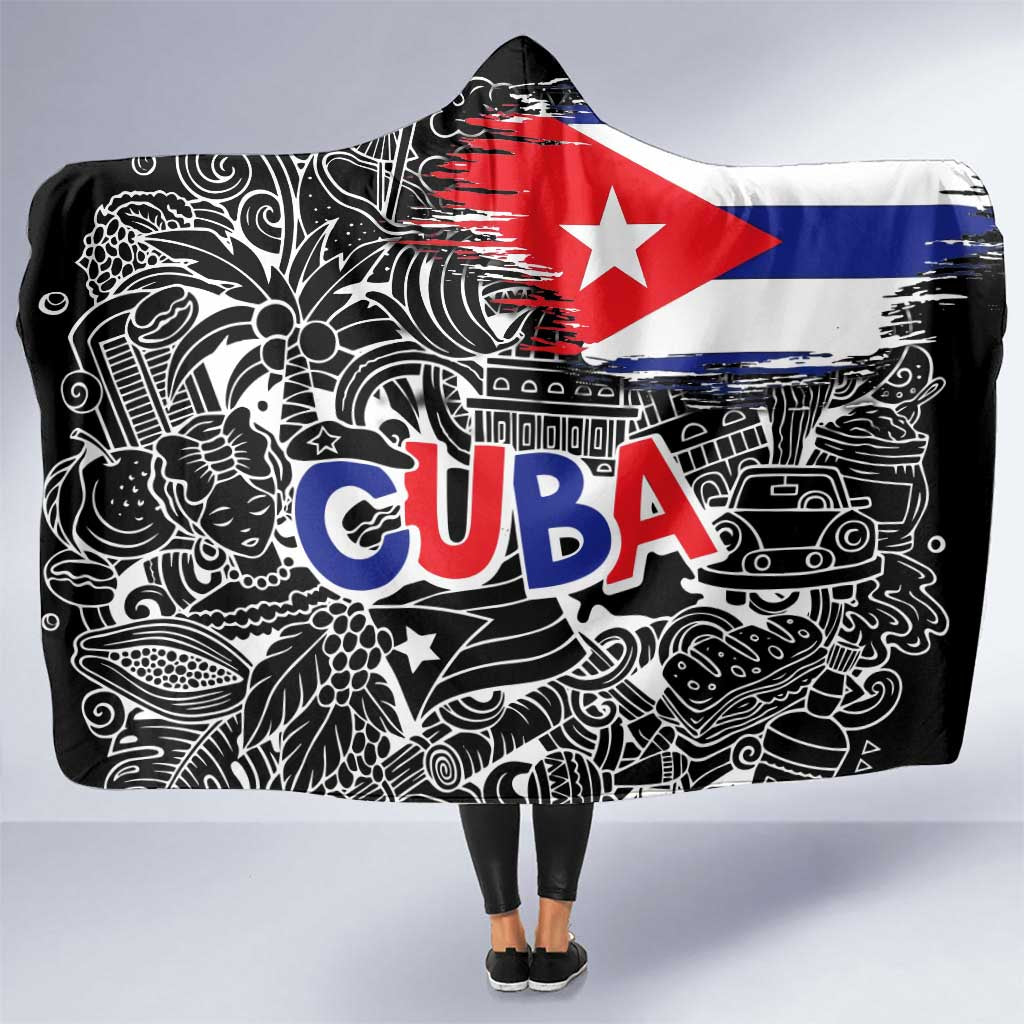 Cuba Flag Hooded Blanket Black with Red White Blue Patriotic Graphics and Cultural Doodle Design - Wonder Print Shop