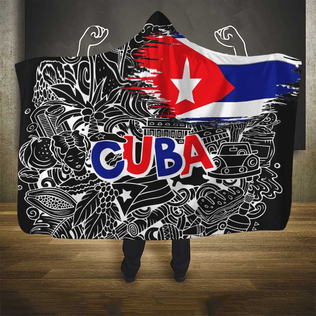 Cuba Flag Hooded Blanket Black with Red White Blue Patriotic Graphics and Cultural Doodle Design - Wonder Print Shop