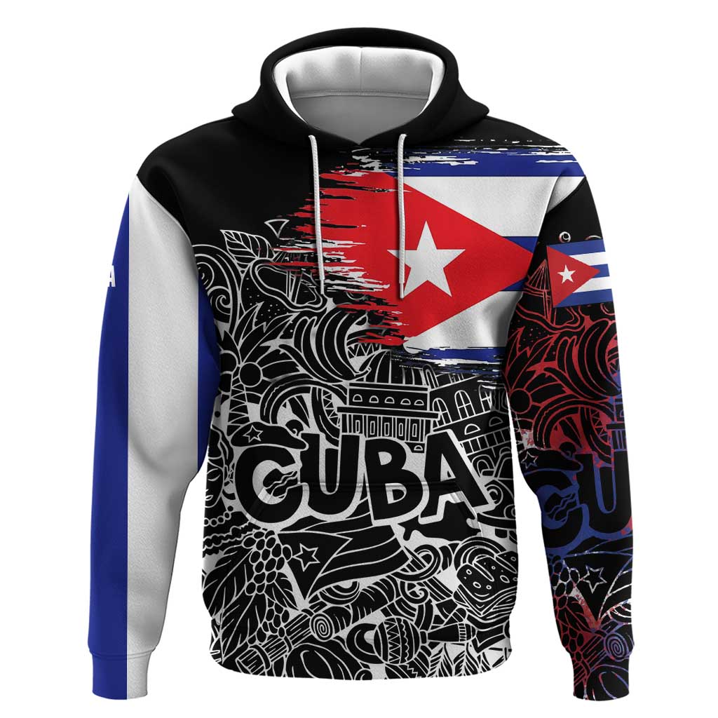Cuba Flag Hoodie Black with Red White Blue Patriotic Graphics and Cultural Doodle Design - Wonder Print Shop