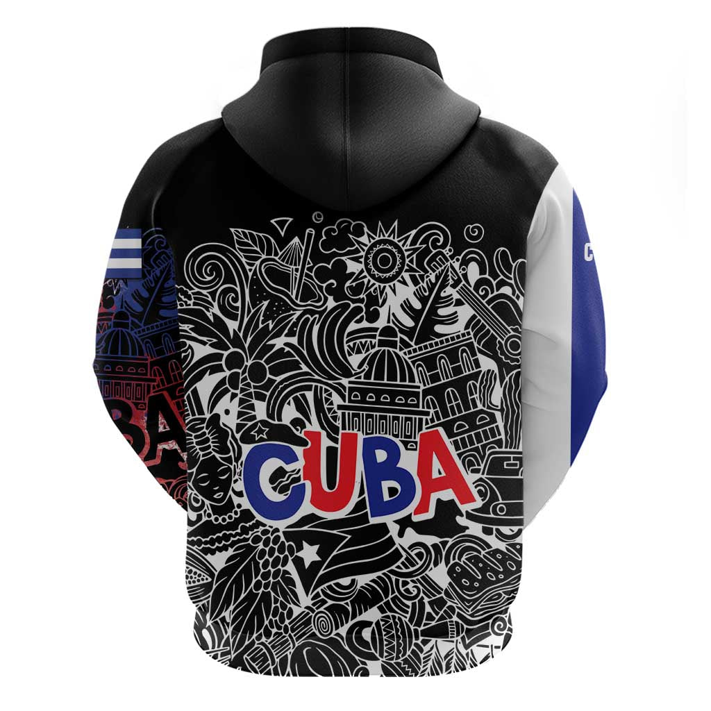 Cuba Flag Hoodie Black with Red White Blue Patriotic Graphics and Cultural Doodle Design - Wonder Print Shop