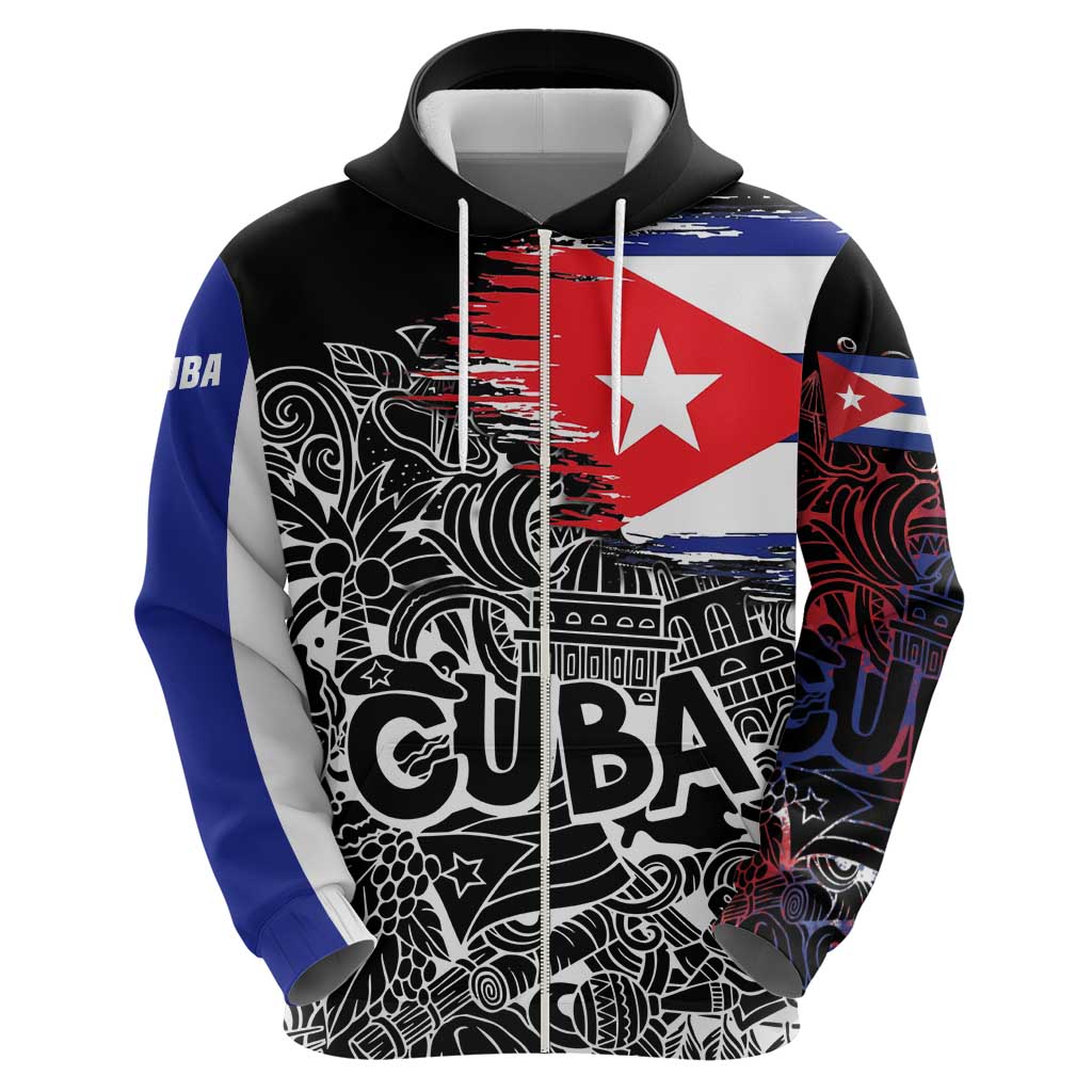 Cuba Flag Hoodie Black with Red White Blue Patriotic Graphics and Cultural Doodle Design - Wonder Print Shop