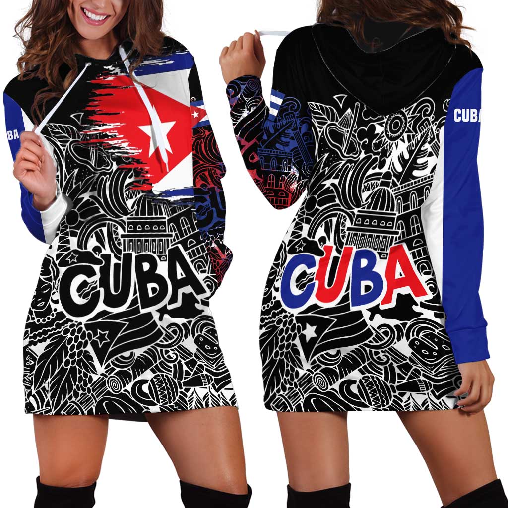 Cuba Flag Hoodie Dress Black with Red White Blue Patriotic Graphics and Cultural Doodle Design - Wonder Print Shop