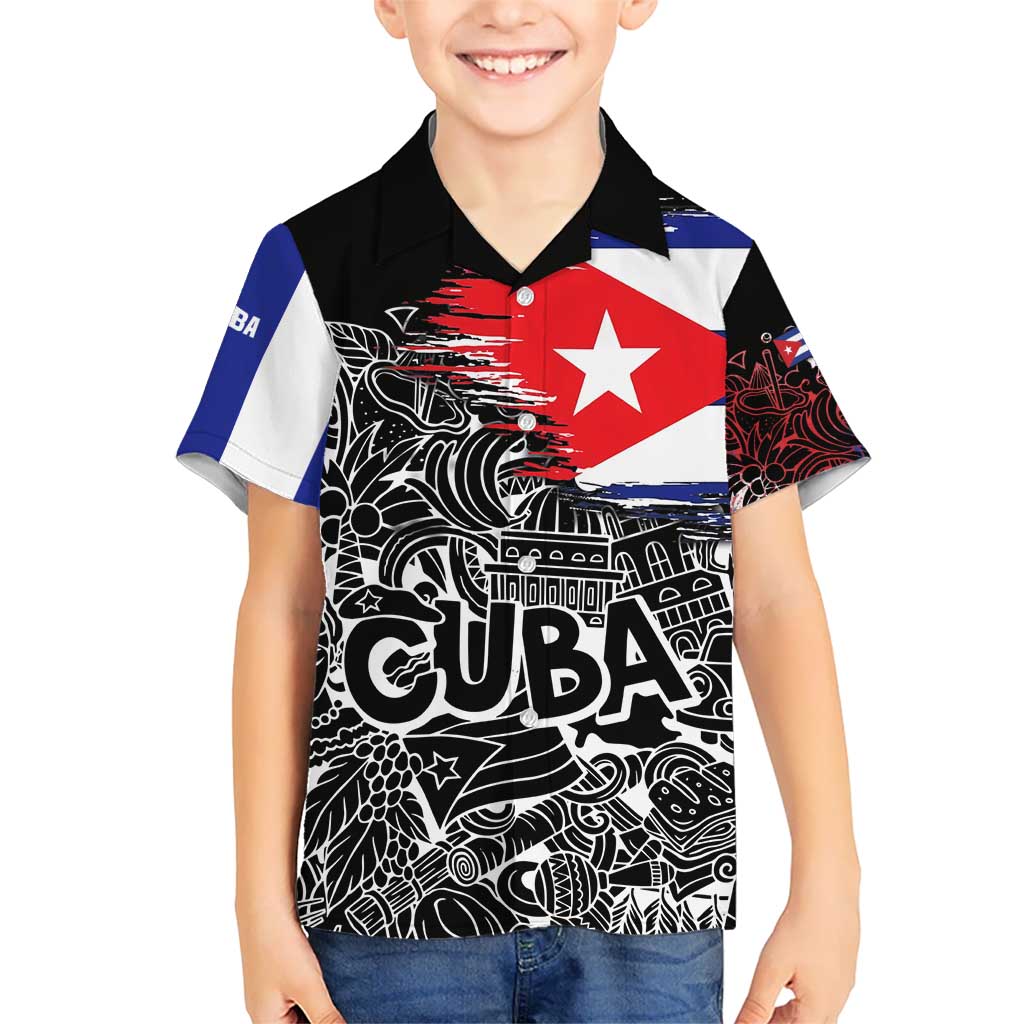 Cuba Flag Kid Hawaiian Shirt Black with Red White Blue Patriotic Graphics and Cultural Doodle Design - Wonder Print Shop