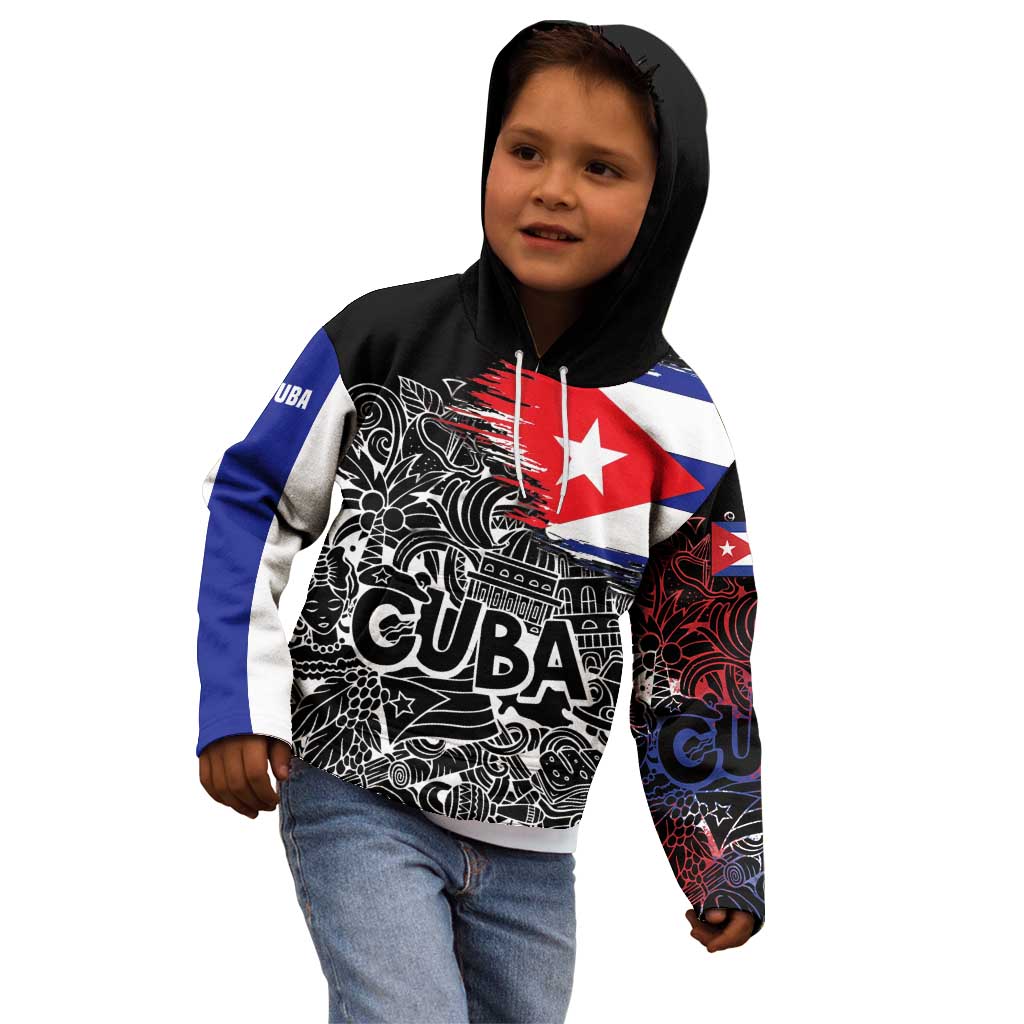 Cuba Flag Kid Hoodie Black with Red White Blue Patriotic Graphics and Cultural Doodle Design - Wonder Print Shop