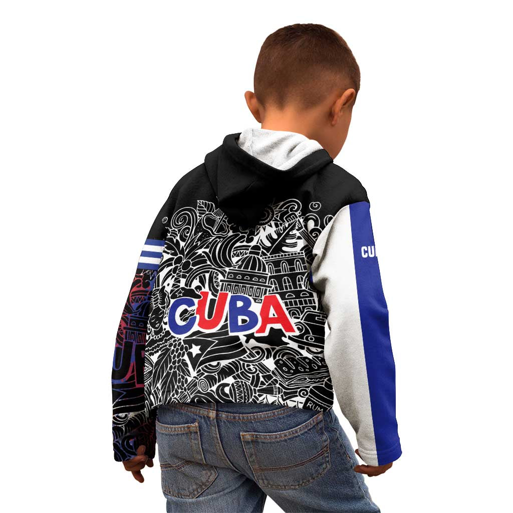 Cuba Flag Kid Hoodie Black with Red White Blue Patriotic Graphics and Cultural Doodle Design - Wonder Print Shop