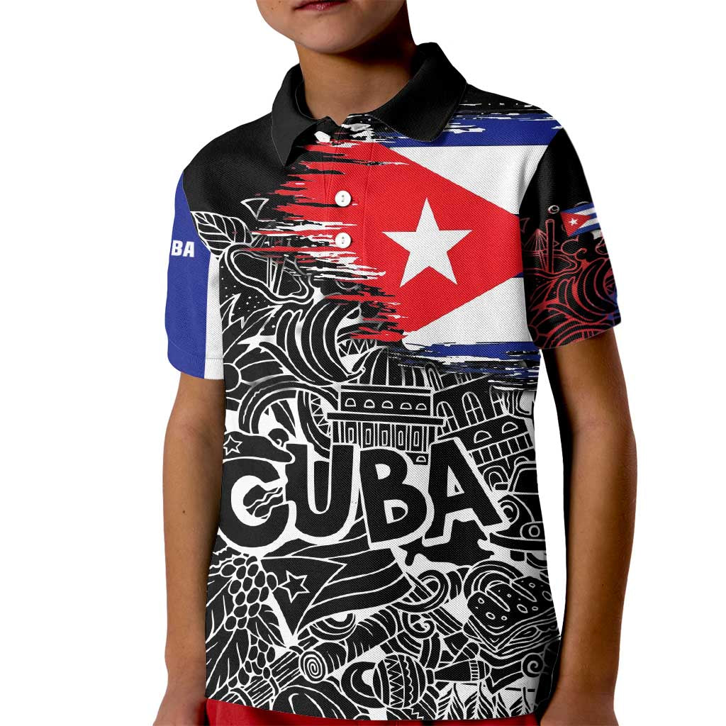 Cuba Flag Kid Polo Shirt Black with Red White Blue Patriotic Graphics and Cultural Doodle Design - Wonder Print Shop
