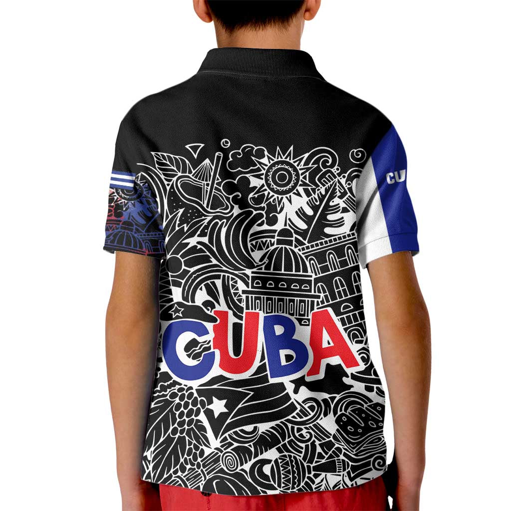 Cuba Flag Kid Polo Shirt Black with Red White Blue Patriotic Graphics and Cultural Doodle Design - Wonder Print Shop