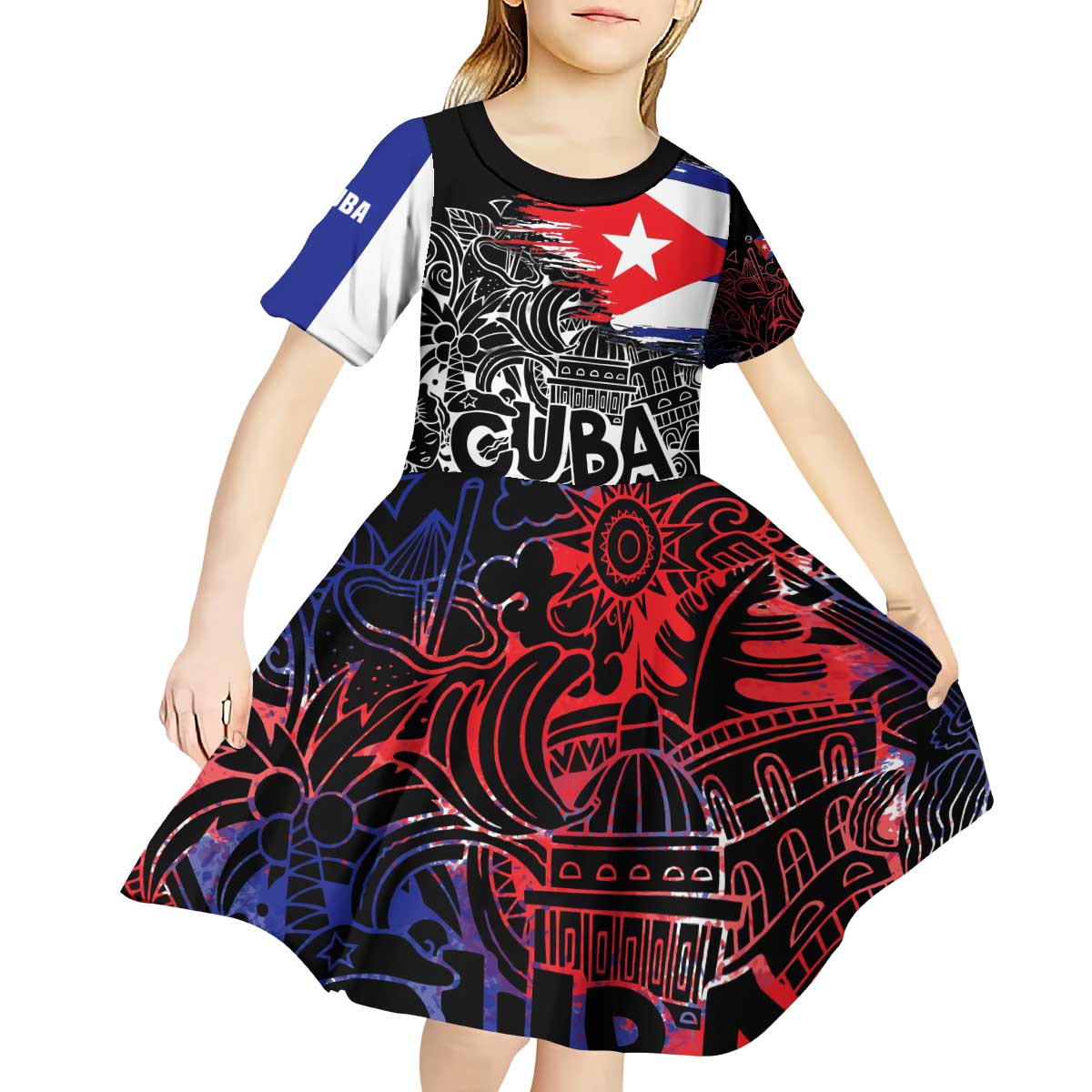 Cuba Flag Kid Short Sleeve Dress Black with Red White Blue Patriotic Graphics and Cultural Doodle Design - Wonder Print Shop