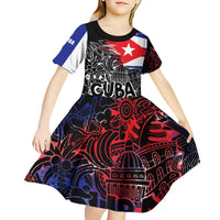 Cuba Flag Kid Short Sleeve Dress Black with Red White Blue Patriotic Graphics and Cultural Doodle Design - Wonder Print Shop