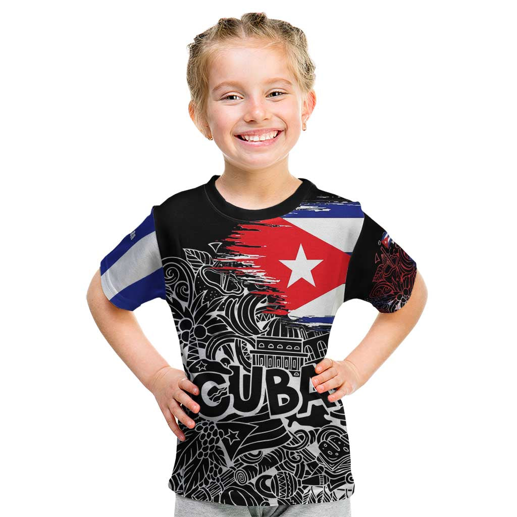 Cuba Flag Kid T Shirt Black with Red White Blue Patriotic Graphics and Cultural Doodle Design - Wonder Print Shop