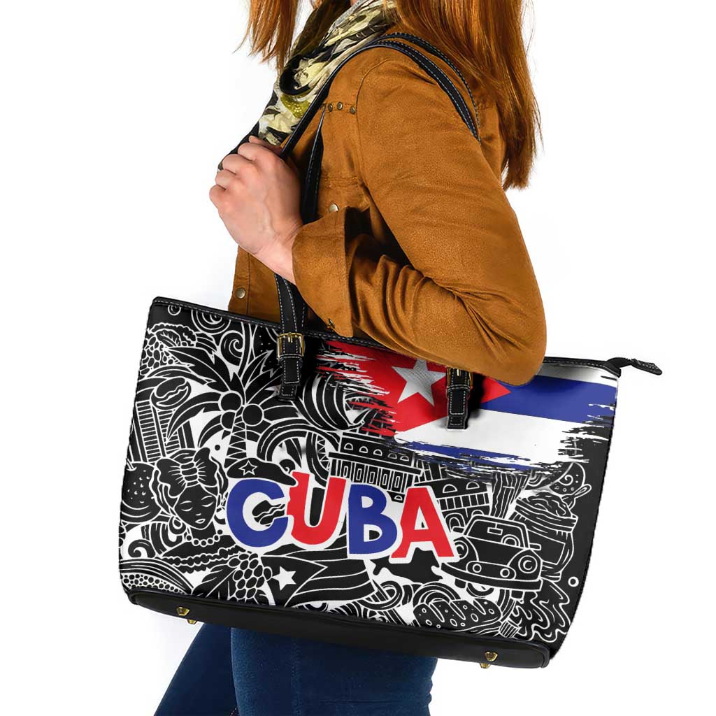 Cuba Flag Leather Tote Bag Black with Red White Blue Patriotic Graphics and Cultural Doodle Design - Wonder Print Shop