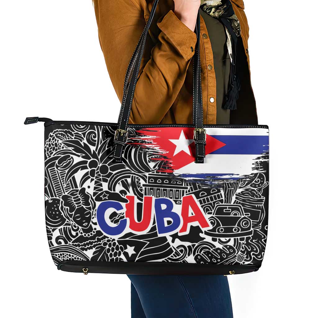 Cuba Flag Leather Tote Bag Black with Red White Blue Patriotic Graphics and Cultural Doodle Design - Wonder Print Shop