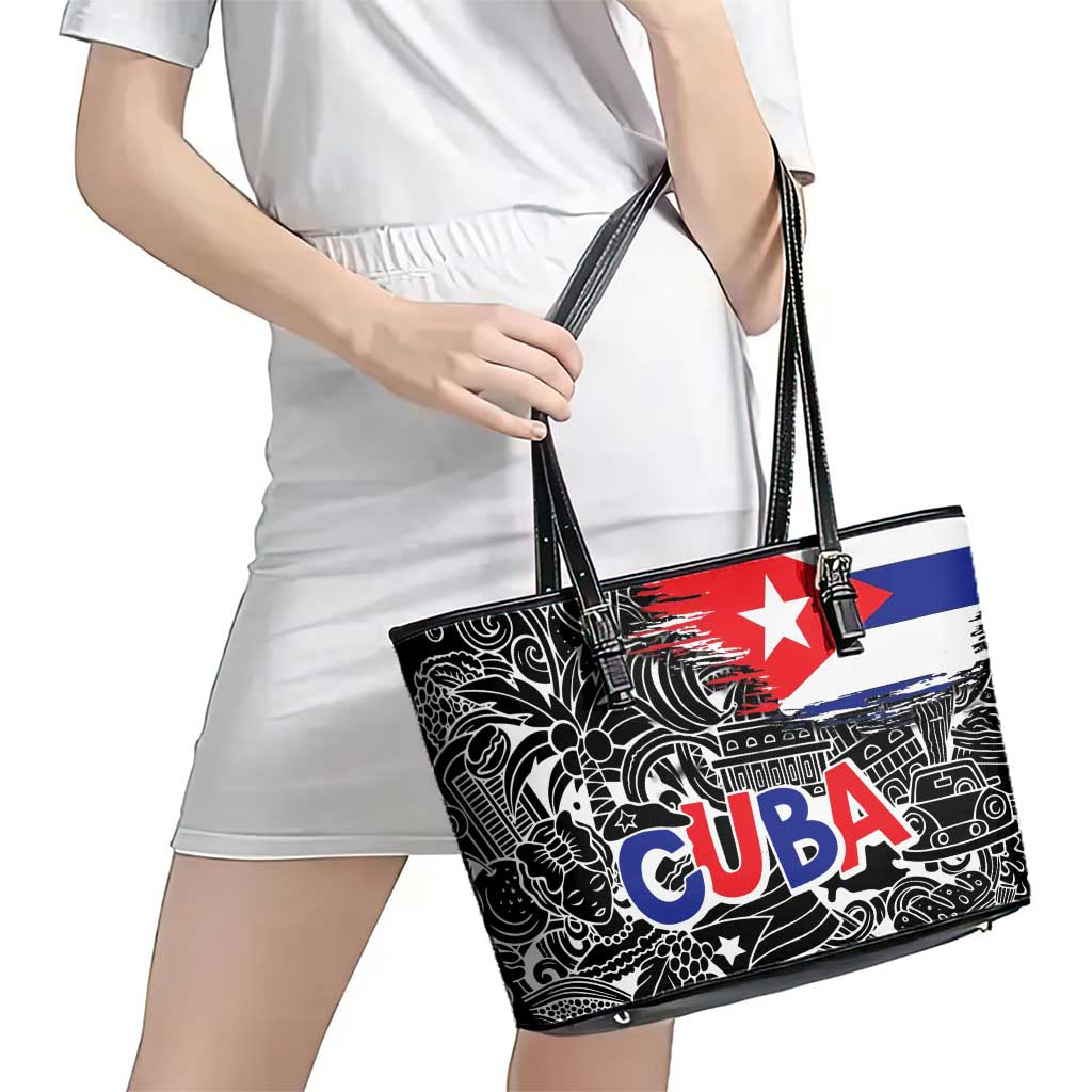 Cuba Flag Leather Tote Bag Black with Red White Blue Patriotic Graphics and Cultural Doodle Design - Wonder Print Shop