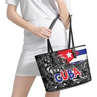 Cuba Flag Leather Tote Bag Black with Red White Blue Patriotic Graphics and Cultural Doodle Design - Wonder Print Shop