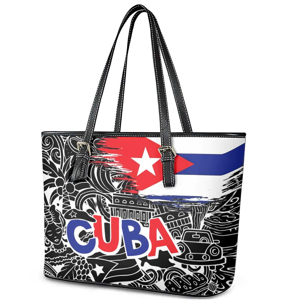 Cuba Flag Leather Tote Bag Black with Red White Blue Patriotic Graphics and Cultural Doodle Design - Wonder Print Shop