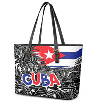 Cuba Flag Leather Tote Bag Black with Red White Blue Patriotic Graphics and Cultural Doodle Design - Wonder Print Shop