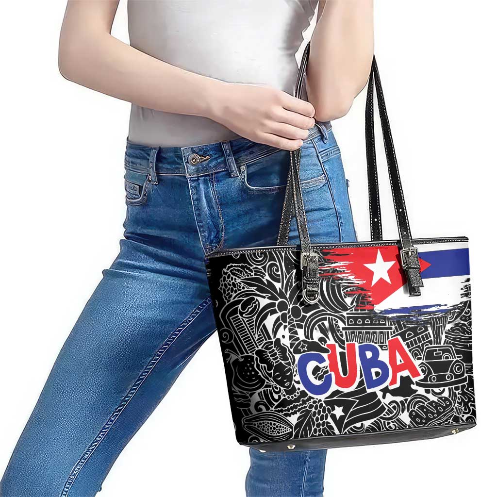 Cuba Flag Leather Tote Bag Black with Red White Blue Patriotic Graphics and Cultural Doodle Design - Wonder Print Shop