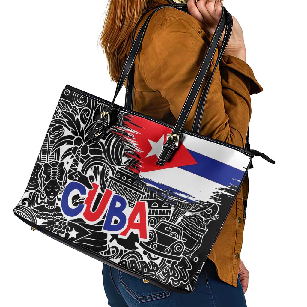 Cuba Flag Leather Tote Bag Black with Red White Blue Patriotic Graphics and Cultural Doodle Design - Wonder Print Shop